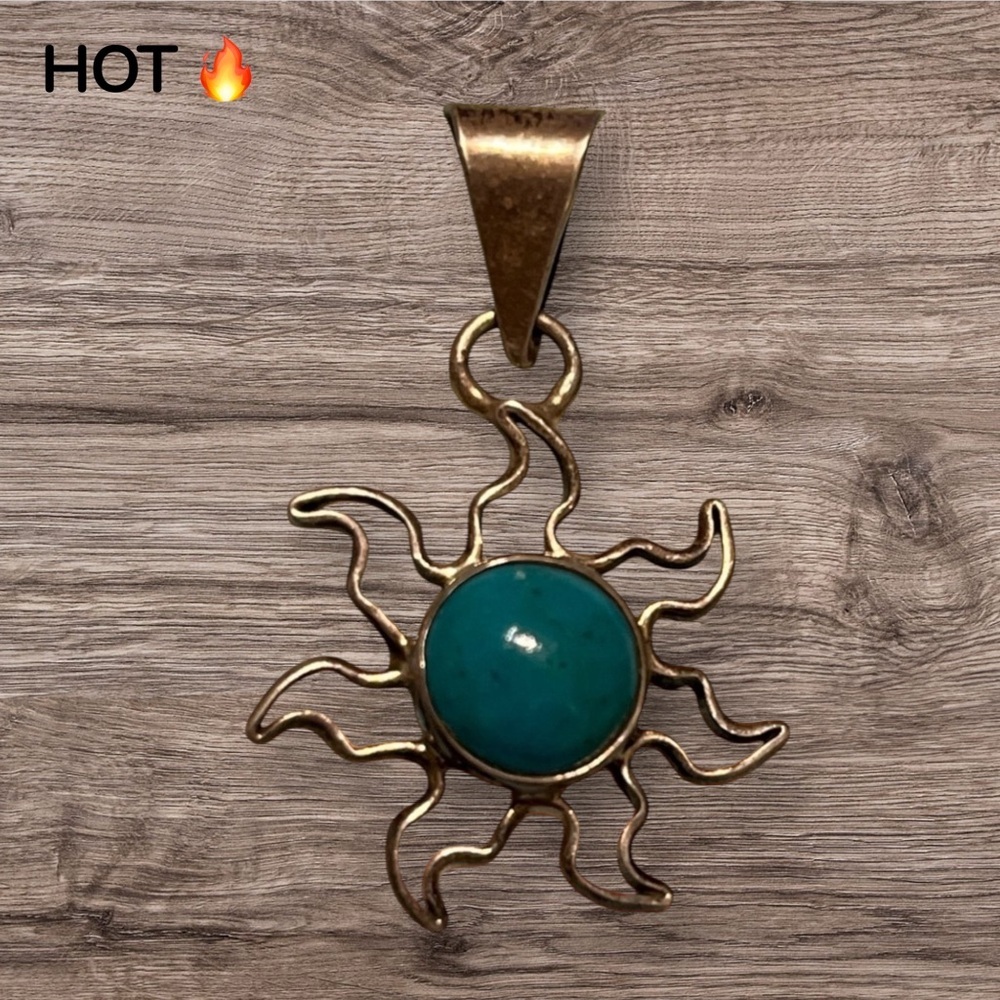 Vintage Charles Albert Handmade Fine Silver Sun Pendant with Turquoise Center